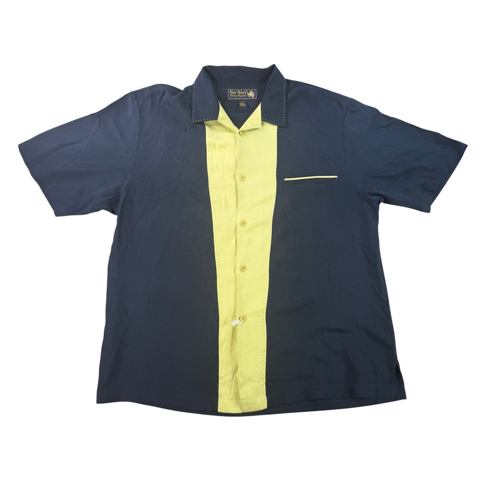 Nat Nast Bowling Shirt Mens Large Navy Yellow Silk Pick Stitch Retro Camp 9907